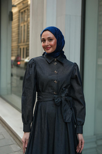 Gold Kurdele Düğme Detaylı Kot Elbise Lacivert