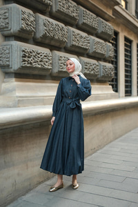 Gold Kurdele Düğme Detaylı Kot Elbise Koyu Mavi