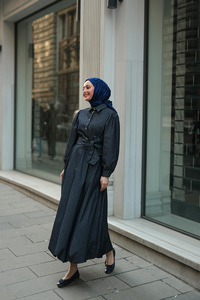 Gold Kurdele Düğme Detaylı Kot Elbise Lacivert