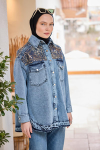 Gold Varak Desenli Jean Ceket  Buz Mavi