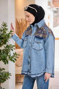 Gold Varak Desenli Jean Ceket  Buz Mavi