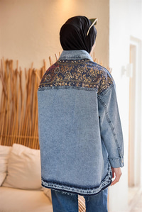 Gold Varak Desenli Jean Ceket  Buz Mavi