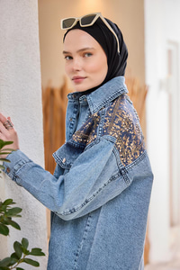 Gold Varak Desenli Jean Ceket  Buz Mavi