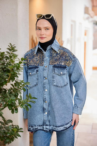 Gold Varak Desenli Jean Ceket  Buz Mavi