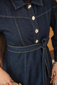 Gold Yarım Düğme Detaylı Bel Bağlamalı Kot Elbise Lacivert