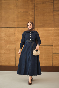 Gold Yarım Düğme Detaylı Bel Bağlamalı Kot Elbise Lacivert