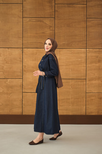 Gold Yarım Düğme Detaylı Bel Bağlamalı Kot Elbise Lacivert