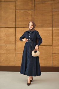 Gold Yarım Düğme Detaylı Bel Bağlamalı Kot Elbise Lacivert