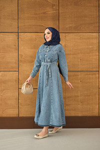 Gold Yarım Düğme Detaylı Bel Bağlamalı Kot Elbise Buz Mavi