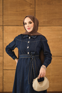 Gold Yarım Düğme Detaylı Bel Bağlamalı Kot Elbise Lacivert