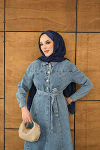 Gold Yarım Düğme Detaylı Bel Bağlamalı Kot Elbise Buz Mavi