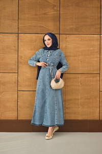 Gold Yarım Düğme Detaylı Bel Bağlamalı Kot Elbise Buz Mavi