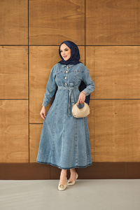 Gold Yarım Düğme Detaylı Bel Bağlamalı Kot Elbise Buz Mavi