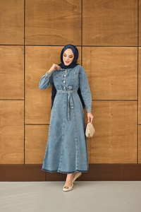 Gold Yarım Düğme Detaylı Bel Bağlamalı Kot Elbise Buz Mavi