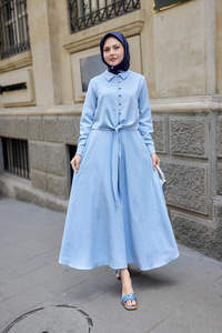 Gömleği Bağlamalı Keten Takım Açık Mavi