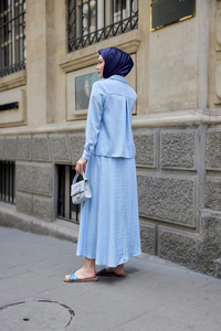 Gömleği Bağlamalı Keten Takım Açık Mavi