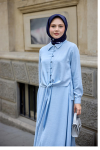 Gömleği Bağlamalı Keten Takım Açık Mavi