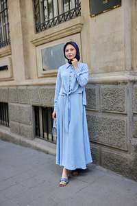 Gömleği Bağlamalı Keten Takım Açık Mavi