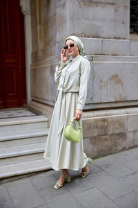 Gömleği Bağlamalı Keten Takım Krem