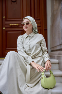 Gömleği Bağlamalı Keten Takım Krem