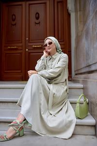 Gömleği Bağlamalı Keten Takım Krem