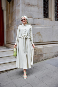 Gömleği Bağlamalı Keten Takım Krem