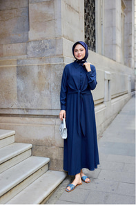 Gömleği Bağlamalı Keten Takım Lacivert