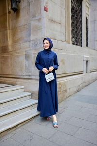 Gömleği Bağlamalı Keten Takım Lacivert