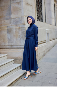 Gömleği Bağlamalı Keten Takım Lacivert