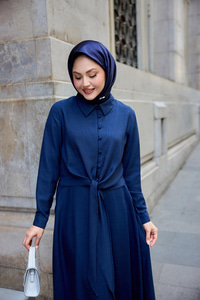 Gömleği Bağlamalı Keten Takım Lacivert