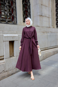 Gömleği Bağlamalı Keten Takım Mürdüm