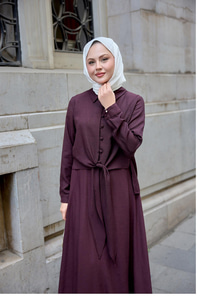 Gömleği Bağlamalı Keten Takım Mürdüm