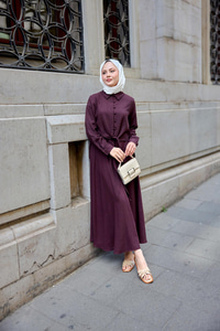 Gömleği Bağlamalı Keten Takım Mürdüm