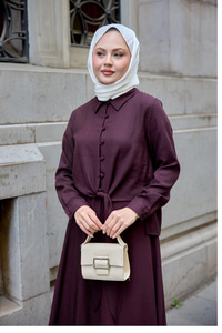 Gömleği Bağlamalı Keten Takım Mürdüm