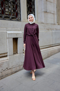 Gömleği Bağlamalı Keten Takım Mürdüm