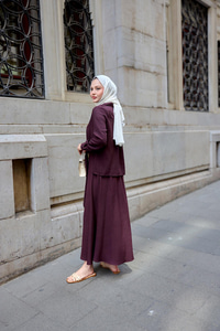 Gömleği Bağlamalı Keten Takım Mürdüm