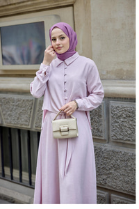 Gömleği Bağlamalı Keten Takım Pembe