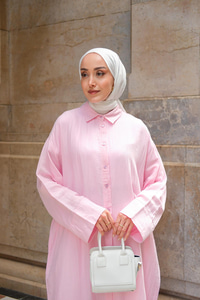 Gömlek Detay Elbise Pudra