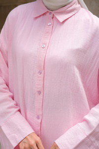 Gömlek Detay Elbise Pudra