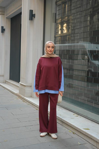 Gömlek Detay İkili Takım Bordo