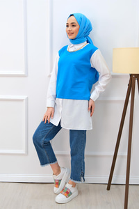 GOMLEK DETAY YAKA ZINCIRLI TUNIK MAVI