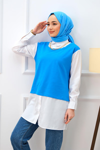 GOMLEK DETAY YAKA ZINCIRLI TUNIK MAVI