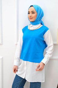 GOMLEK DETAY YAKA ZINCIRLI TUNIK MAVI