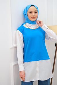 GOMLEK DETAY YAKA ZINCIRLI TUNIK MAVI