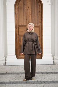 Gömlek Ve Bel Lastikli Bel Bağlamalı Takım Kahverengi