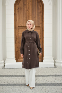 Gömlek Yaka Çift Düğmeli Uzun Tunik Kahverengi