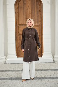 Gömlek Yaka Çift Düğmeli Uzun Tunik Kahverengi