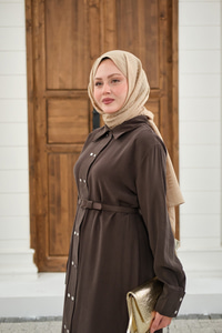 Gömlek Yaka Çift Düğmeli Uzun Tunik Kahverengi