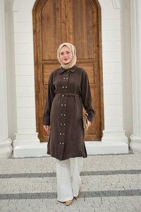 Gömlek Yaka Çift Düğmeli Uzun Tunik Kahverengi