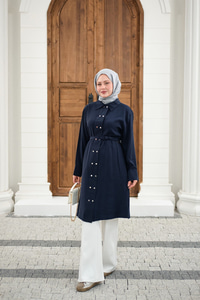 Gömlek Yaka Çift Düğmeli Uzun Tunik Lacivert